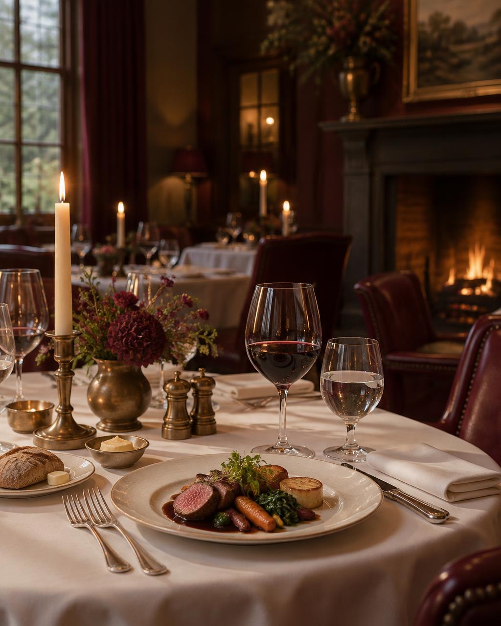 Candlelit dining room at The Golden Hare