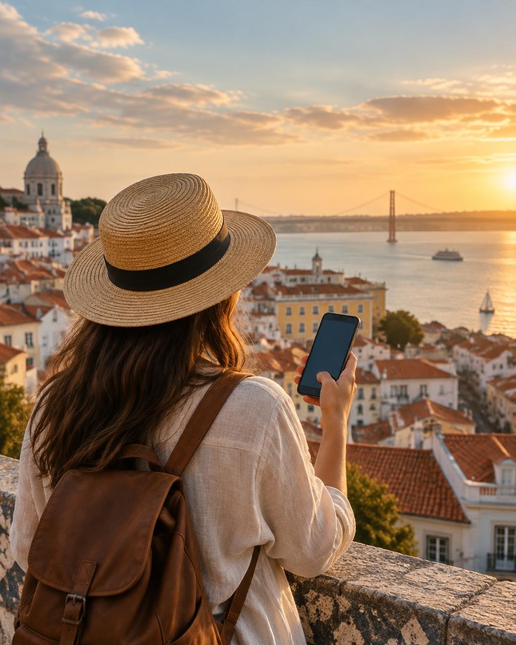 Traveller using SOS Buddy overlooking Lisbon